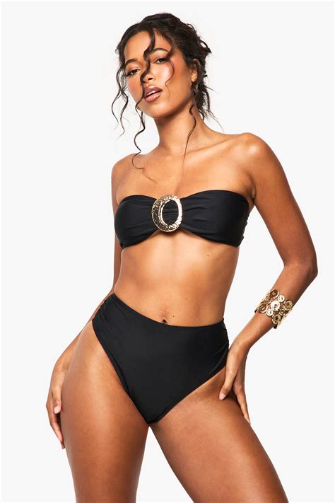 Swimwear Gold Trim Detail Bandeau Bikini Top High Waist Bikini Bottoms Set Boohoo
