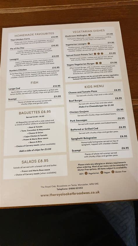 Menu At The Royal Oak Pub And Bar Broadwas On The A44 Between Worcester