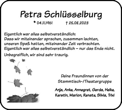 Traueranzeigen von Petra Schlüsselburg trauer kreiszeitung de