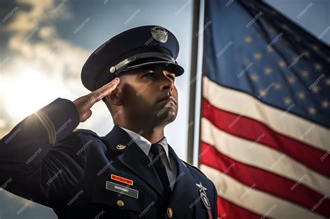 Premium AI Image | A officer in a uniform saluting in front of a USA flag