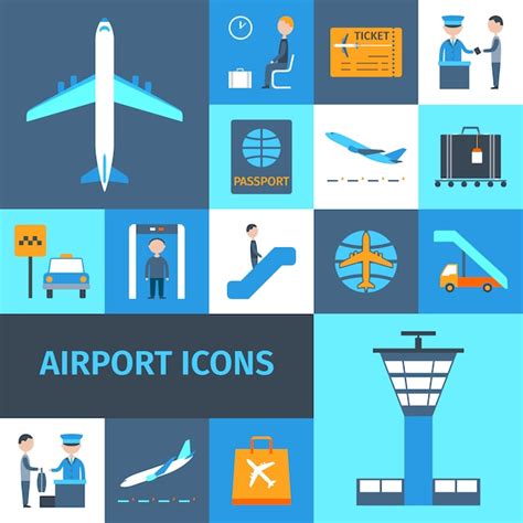 Conjunto De Iconos Decorativos Del Aeropuerto Vector Premium