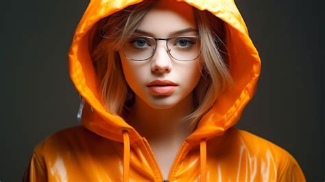 Premium Ai Image Young Woman Wear Glasses In Orange Hoodie Generative Ai