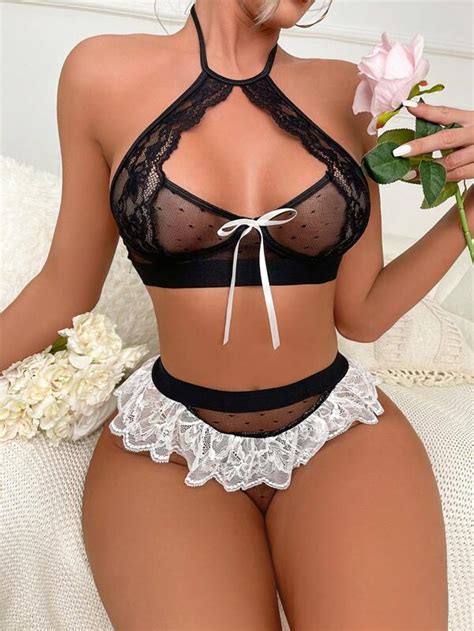 Floral Lace Cut Out Halter Lingerie Set SHEIN UK