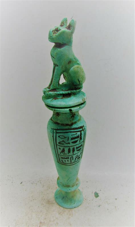 Superb Ancient Egyptian Glazed Faience Vessel Bastet With Heiroglyphics