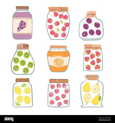 Vector Set Of Preserved Fruits In Glass Jars Canned Fruit Illustration