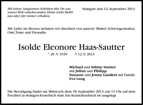 Traueranzeigen Von Isolde Eleonore Haas Sautter Stuttgart Gedenkt De