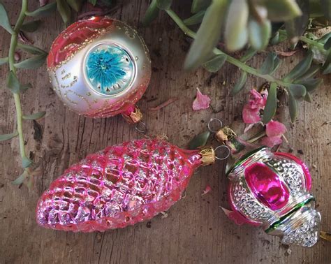 Three Vintage Mercury Glass Ornaments For Christmas Tree Pink And