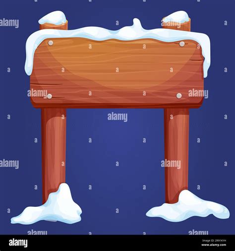 Old Wooden Blank Signboard With Snow In Cartoon Style Empty Frame