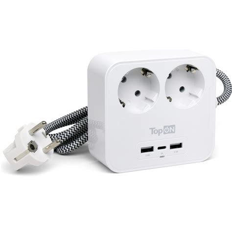 Сетевой фильтр TopOn на 2 розетки с 2 USB-A и USB-C, 4000W, 1.5 м Белый ...
