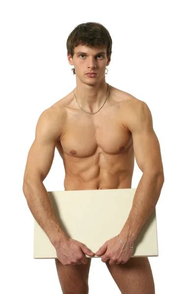 Three Nude Muscular Men Covering With Copy Space Blank Signs Stock