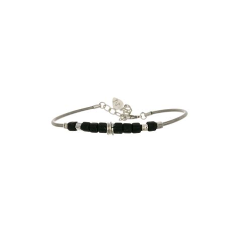 Bracelet Rock Perles Noires Et Argent Sur Corde De Basse Pour Homme