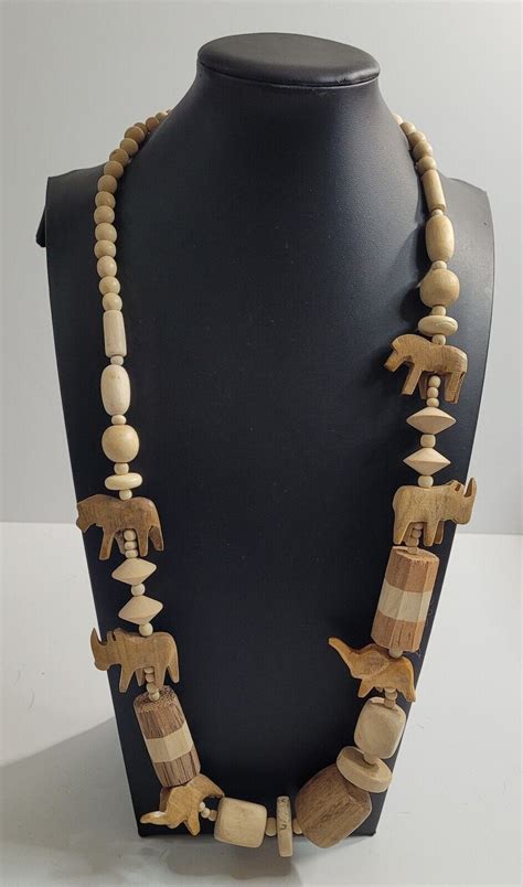 Wooden Tribal African Necklace Safari Animals Hand Ca Gem