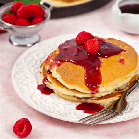 Pancakes With Raspberry Sauce Stock Image Image Of Raspberries Delicious 74916237