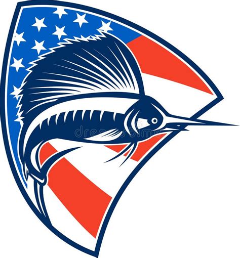 Pescados Del Pez Volador Que Saltan El Escudo De La Bandera Americana