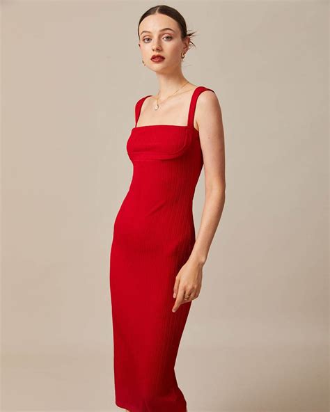 The Red Square Neck Ribbed Midi Dress Red Ribbed Knit Bodycon Midi