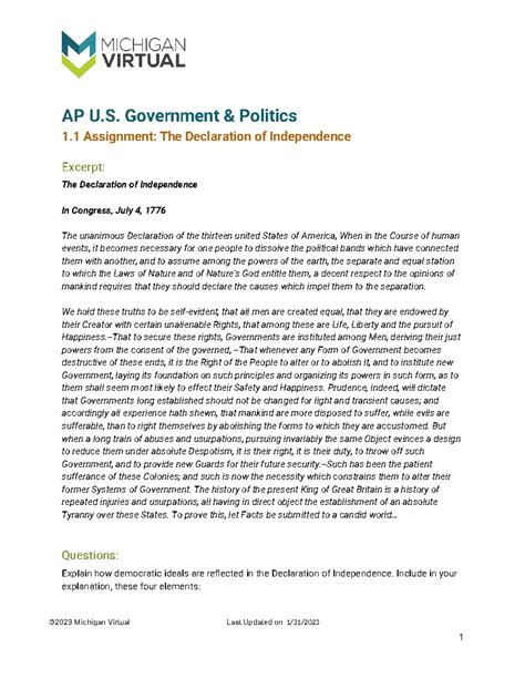 1.1 Assignment Sheet - AP U. Government & Politics 1 Assignment: The