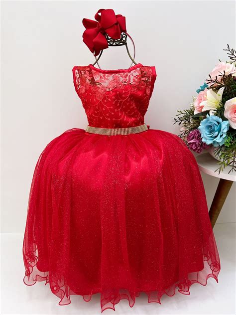 Vestido Infantil Vermelho Renda E Tule C Brilho Luxo Princesas Rosa