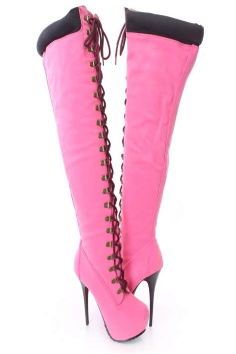 Hot Pink Lace Up Thigh High Platform Boots Faux Leather Boots Thigh High Platform Boots High