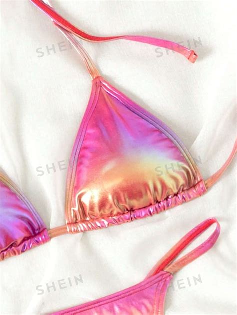 Shein Swim Women S Holographic Triangle Halter Top And Thong Bikini Set