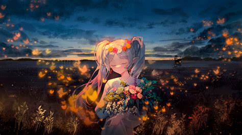 wallpaper anime frieren sunset flower field   wallpaper