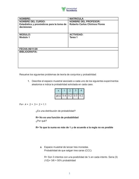 Tarea 1 NOMBRE MATRICULA NOMBRE DEL CURSO Estadística y