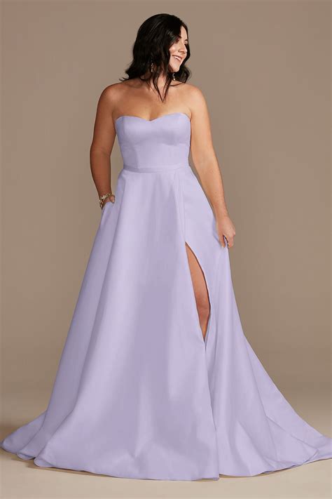 Davids Bridal Strapless Satin Wedding Dress With Slit