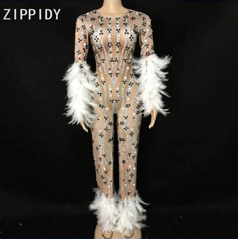 2019 Fashion Sparkly Rhinestones White Feather Jumpsuit Long Sleeves