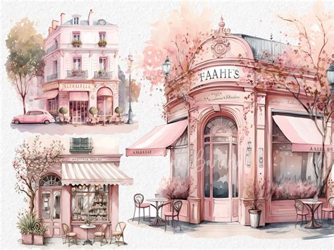 Pink Coffee Shop Clipart Paris Cafe Clip Art Png Digital Watercolor