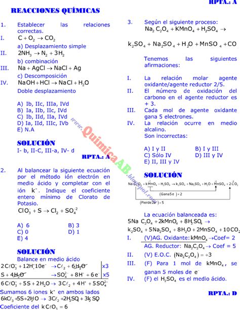 Reacciones QuÍmicas Problemas Resueltos Tipo Examen De Ingreso A La Universidad ~ QuÍmica Paso A