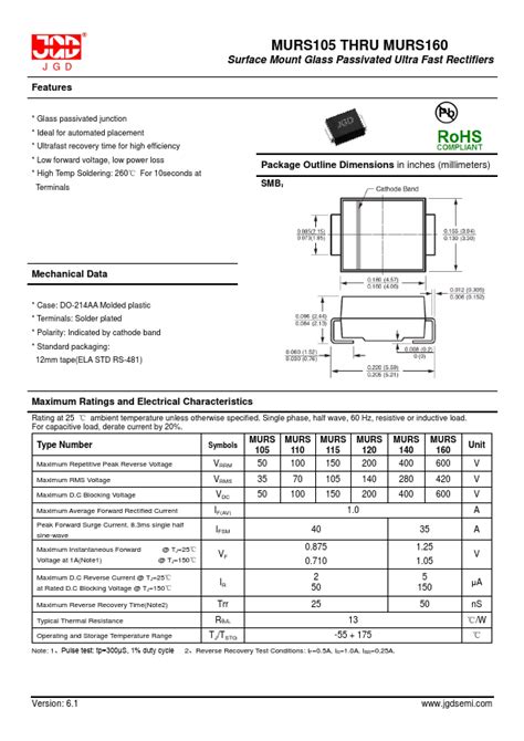 Murs Datasheet Surface Mount Glass Passivated Ultra Fast Rectifiers