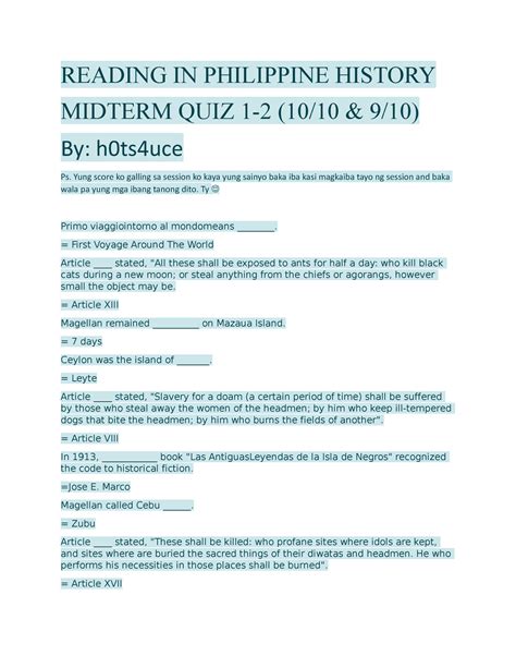 Rph Midterms Ko Midterm Exam Reading In Philippine History Midterm