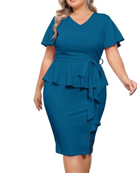 Hanna Nikole Womens Plus Size Elegant V Neck Business Dresses Midi