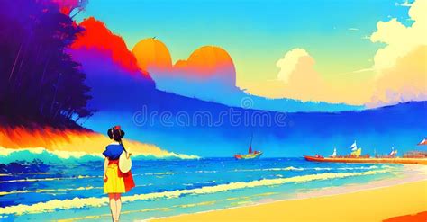 Landscape Beach Ocean Sunset, Childrens Book Illustration Generative AI Fantasy Digital Art ...