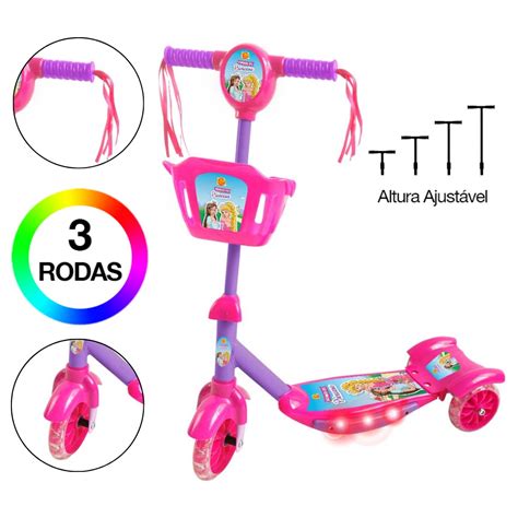 Brinquedo Infantil Patinete Scooter Rodas Cesta Luz E Som Rosa