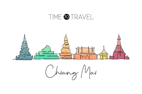 Un dibujo de línea continua del horizonte de la ciudad de chiang mai