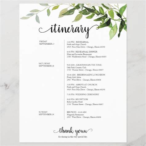 Wedding Weekend Welcome Itinerary Elegant Greenery Zazzle Wedding