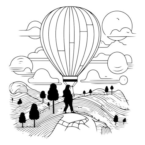 Vector Illustration Of A Woman Flying In A Hot Air Balloon Over A Landscape Premium AI