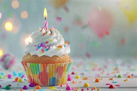 Premium Photo Colorful Birthday Cupcake With Single Candle