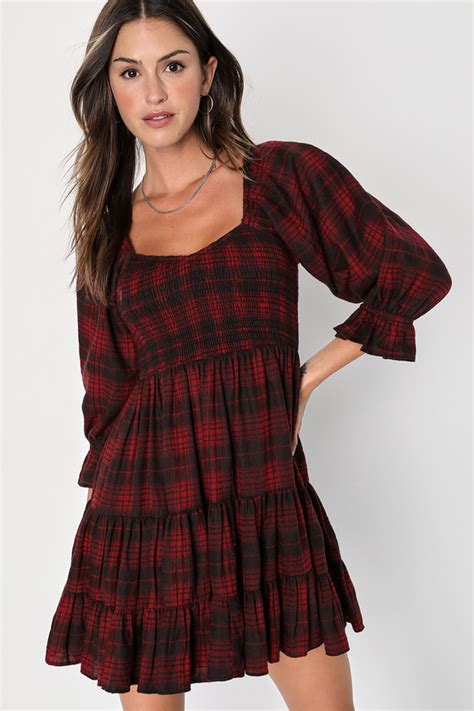 Red And Black Plaid Dress Tiered Mini Dress Puff Sleeve Dress Lulus