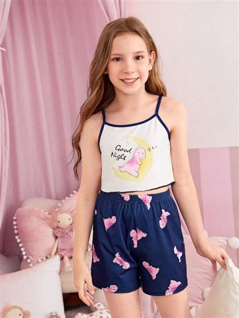 Tween Girl Cartoon Graphic Contrast Binding Cami Top Shorts PJ Set