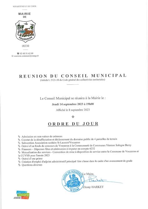 Ordre Du Jour Du Conseil Municipal Du 14 Septembre 2023 Le Village De