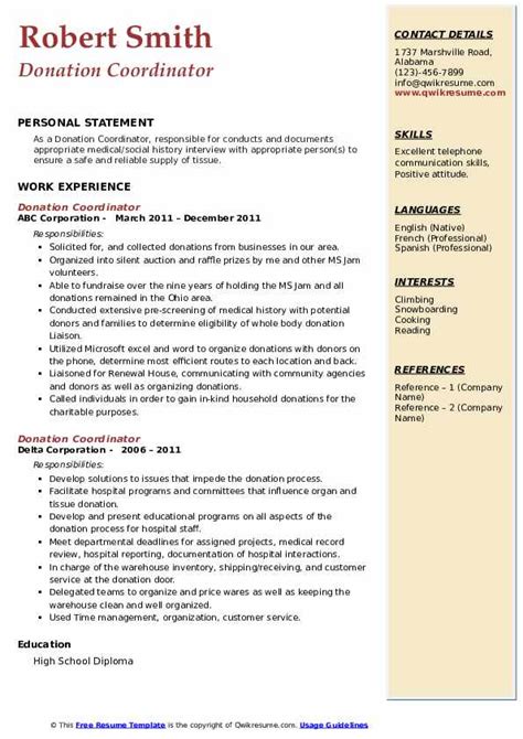 Donation Coordinator Resume Samples Qwikresume