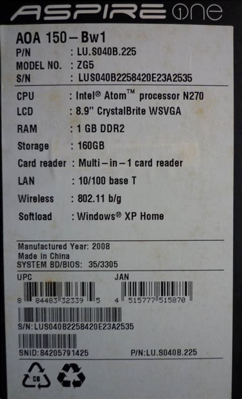 Yahoo オークション Acer Aspire one AOA 150 Bw1 Windows XP Home