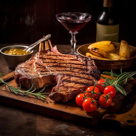 Premium AI Image | A steak and a glass of wine are on a table.
