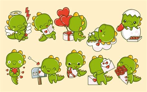 Premium Vector Set Of Cartoon Kawaii Dino Illustrations In Love Collection Of Cute Vector