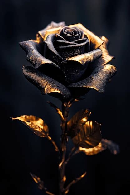 Premium Ai Image A Black Rose With Gold Leaves