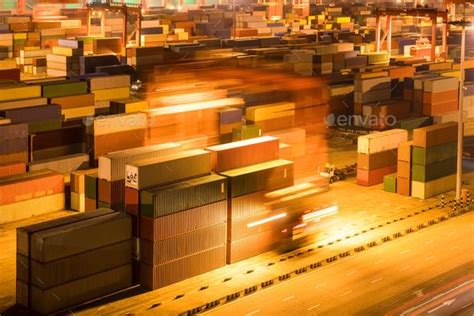 Container Yard At Night Light Trails Architecture Design Shipping