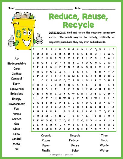 REDUCE REUSE RECYCLE Word Search Puzzle Worksheet Activity Made By