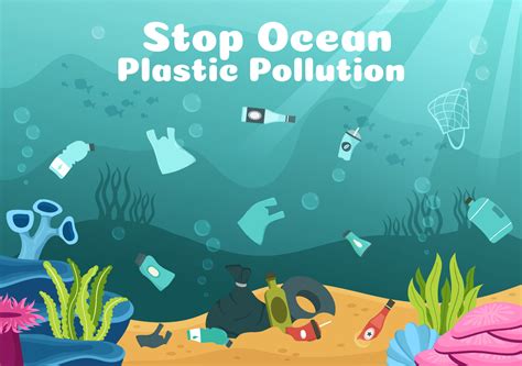 Stop Ocean Plastic Pollution Vector Illustration With Trash Under The