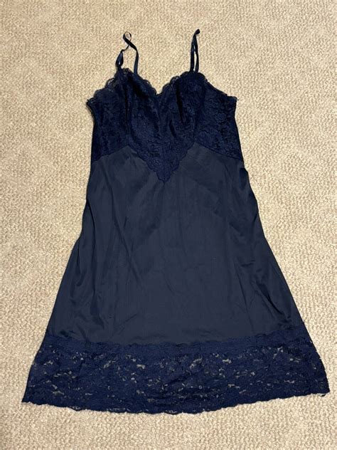 Vintage Vanity Fair Navy Full Slip Lingerie Lace Trim Gem